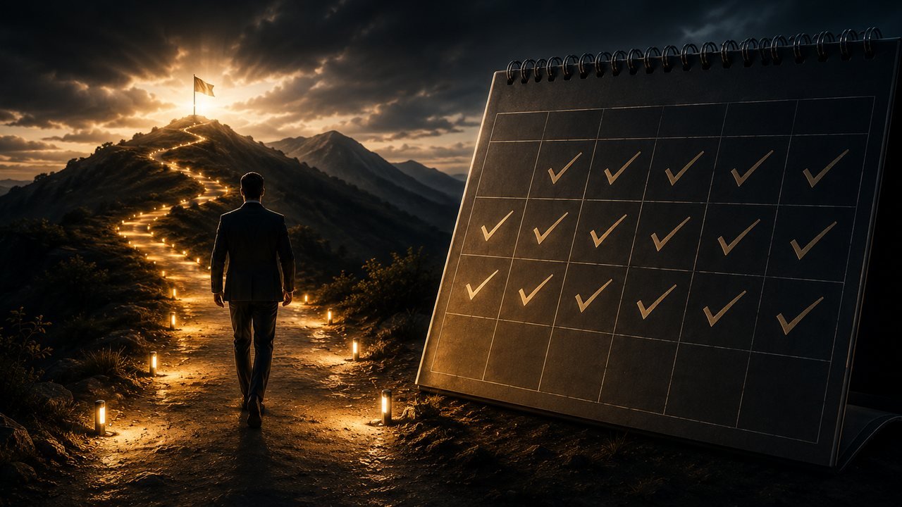Constancia com planejamento: caminho iluminado e calendario