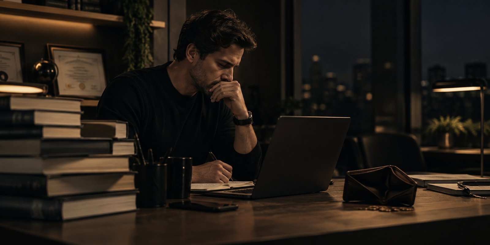 Profissional à noite no escritório, entre livros e diplomas, com a carteira vazia sobre a mesa