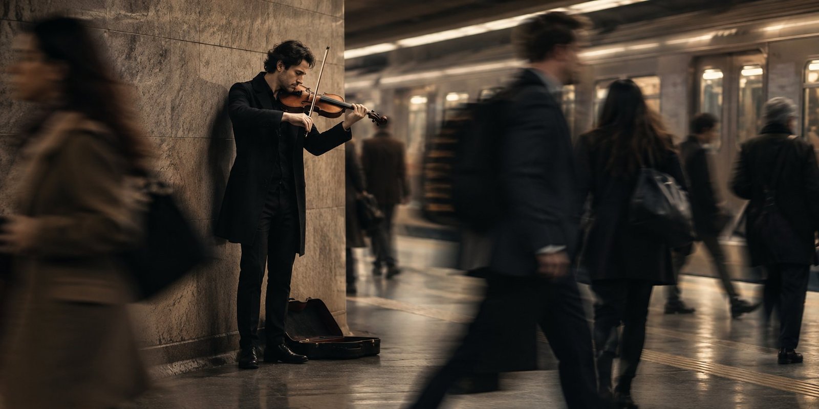 Violinista tocando no metrô enquanto as pessoas passam sem parar